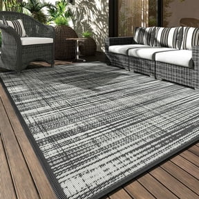 VUNATE Outdoor Rug Carpet 8'x10' Waterproof Reversible Patio Rug Portable Modern Abstract Indoor Outdoor Rug Plastic Straw Rug for RV Camping Garden Picnic Deck Backyard Porch Decor Gray and White