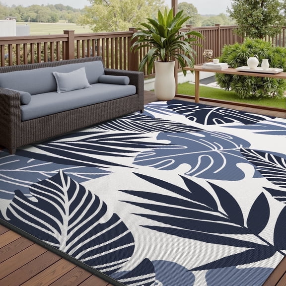 VUNATE Outdoor Rug Carpet 9'x12' Waterproof Reversible Patio Rug Portable Indoor Outdoor Rug Plastic Straw Rug for Beach RV Camping Garden Picnic Deck Backyard Tropical Porch Decor Beige and Blue