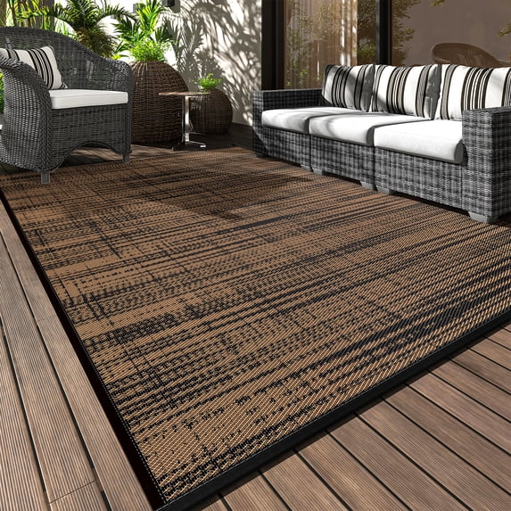 VUNATE Outdoor Rug Carpet 9'x12' Waterproof Reversible Patio Rug Portable Modern Abstract Indoor Outdoor Rug Plastic Straw Rug for RV Camping Garden Picnic Deck Backyard Porch Decor Black and Brown