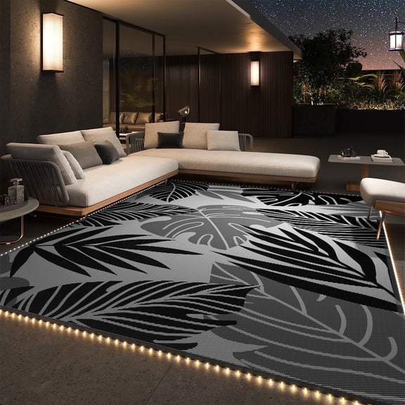VUNATE Outdoor Rug with LED Strip Lights 8'x10' Waterproof Reversible Patio Rug Plastic Straw Lightweight Indoor Outdoor Rug for RV Camping Deck Balcony Boho Decor Dark Gray and Black