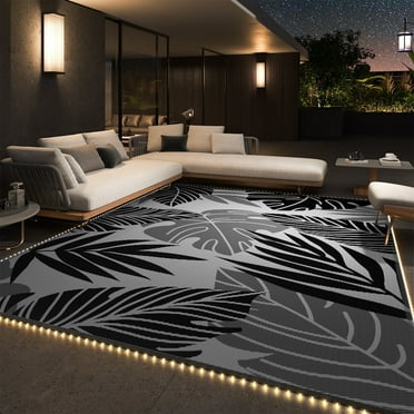 VUNATE Outdoor Rug with LED Strip Lights 8'x10' Waterproof Reversible Patio Rug Plastic Straw Lightweight Indoor Outdoor Rug for RV Camping Deck Balcony Boho Decor Dark Gray and Black