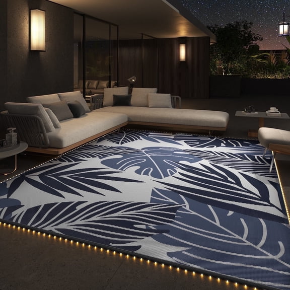 VUNATE Outdoor Rug with LED Strip Lights 8'x10' Waterproof Reversible Patio Rug Plastic Straw Lightweight Indoor Outdoor Rug for RV Camping Deck Balcony Boho Decor Beige and Blue