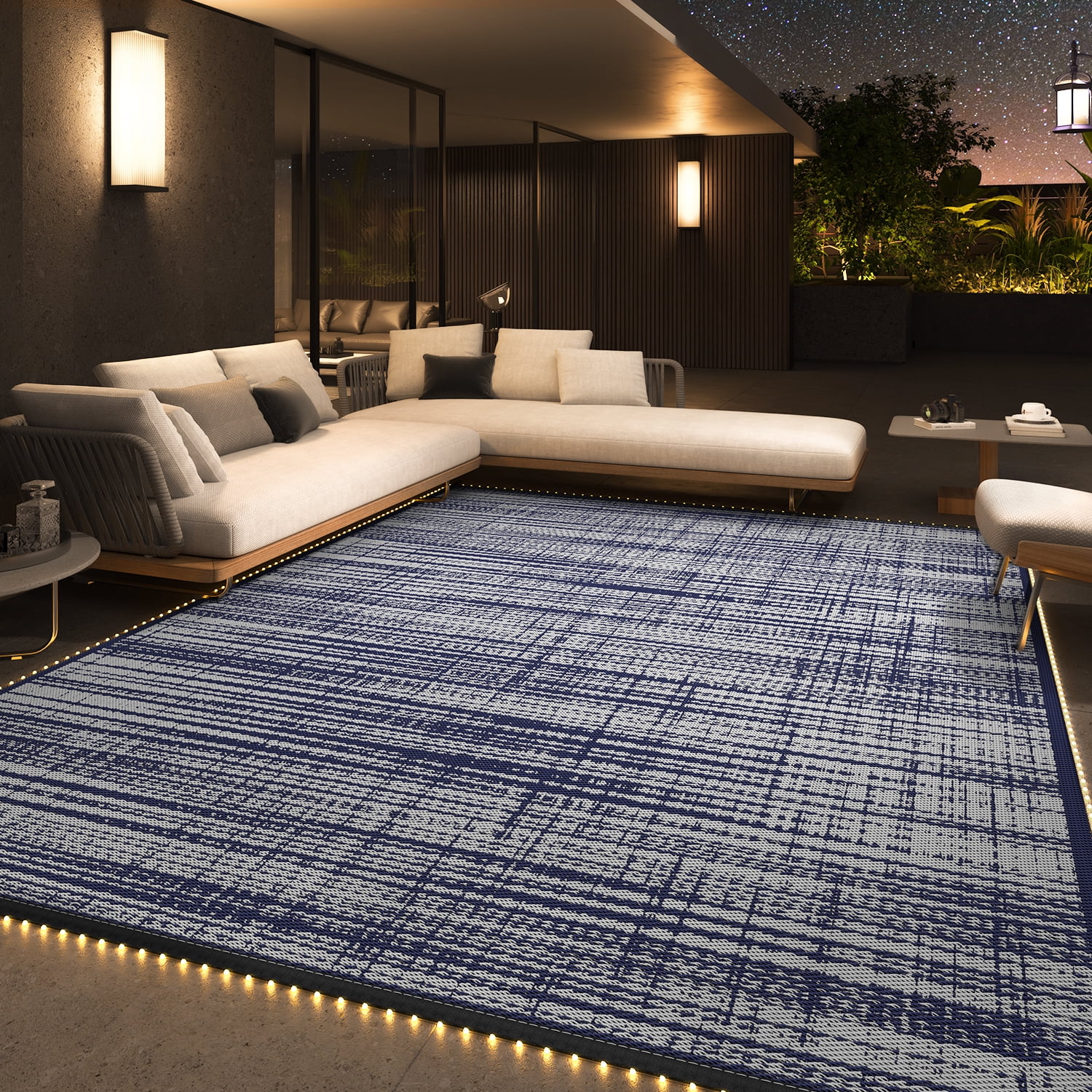 VUNATE Outdoor Rug with LED Strip Lights 8'x10' Waterproof Reversible Patio Rug Plastic Straw Lightweight Indoor Outdoor Rug for RV Camping Deck Balcony Boho Porch Decor Dark Blue and Gray
