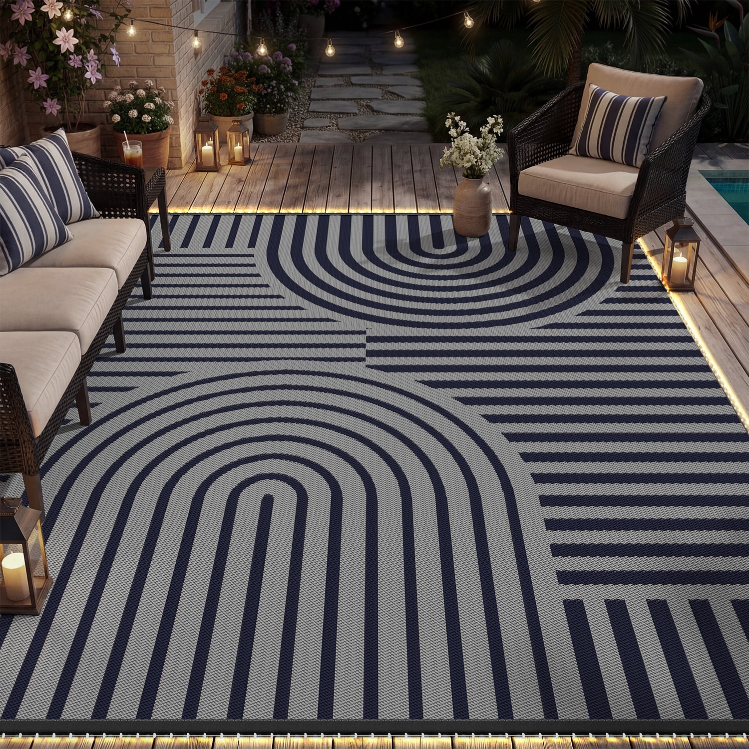 VUNATE Outdoor Rug with LED Strip Lights 8'x10' Waterproof Reversible ...