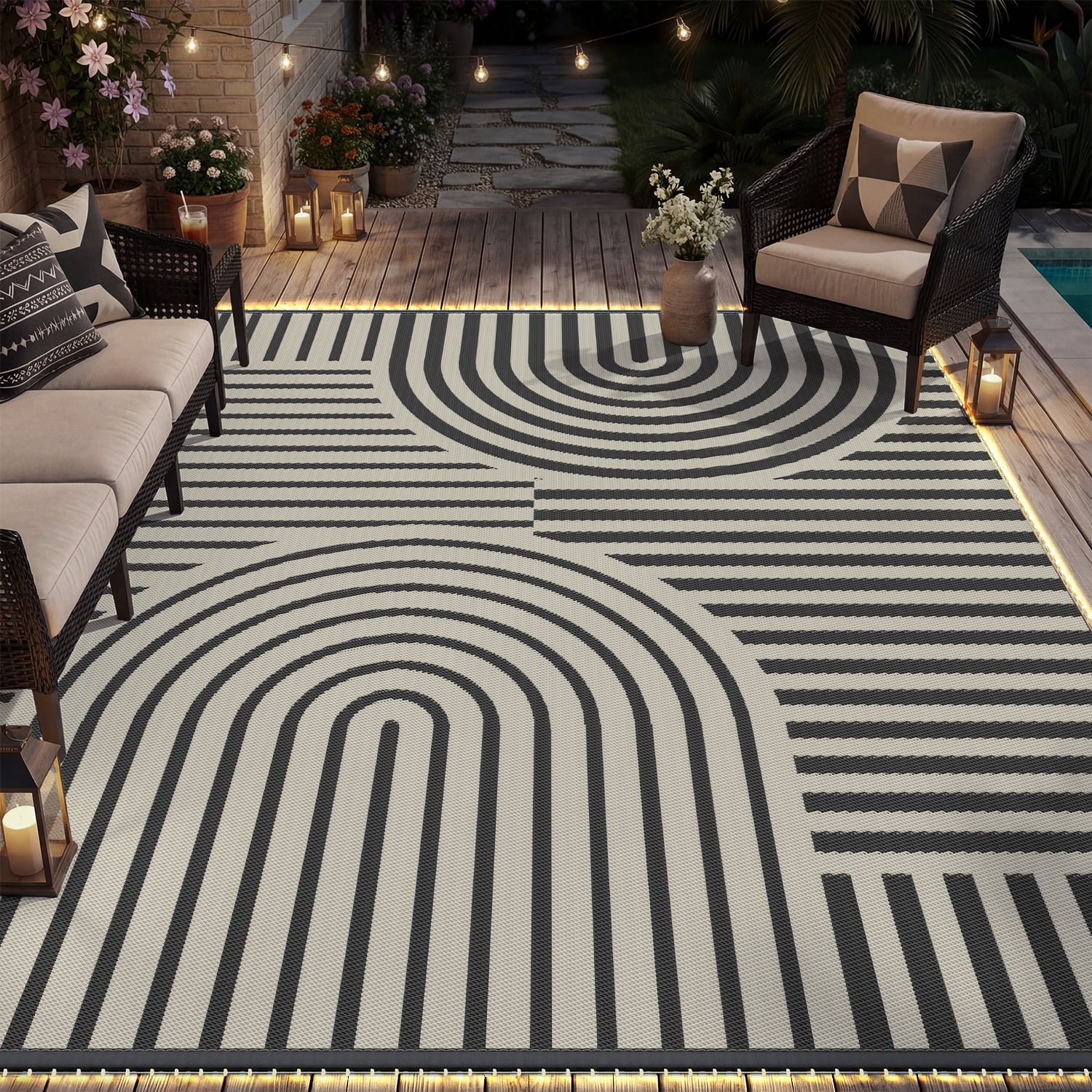 VUNATE Outdoor Rug with LED Strip Lights 8'x10' Waterproof Reversible Patio Rug Plastic Straw Lightweight Indoor Outdoor Rug for RV Camping Deck Balcony Boho Porch Decor Gray and Beige