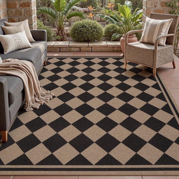 VUNATE Outdoor Rugs Carpet 4'x6' Jute Rug Boho Checkered Washable Patio Rug Distressed Modern Braided Area Rugs Black Indoor Outdoor Rugs for Living Room Entryway Laundry Balcony