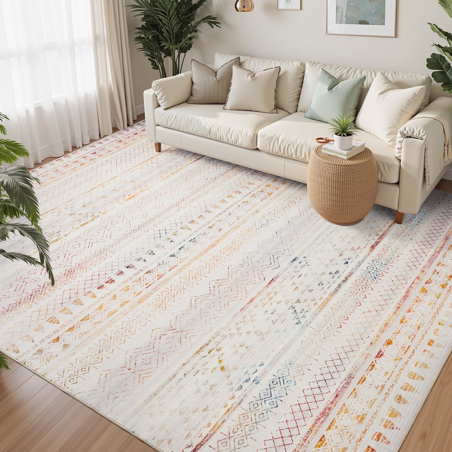 Vibrant Geometric 5' x 7' Multi-Color Synthetic Area Rug