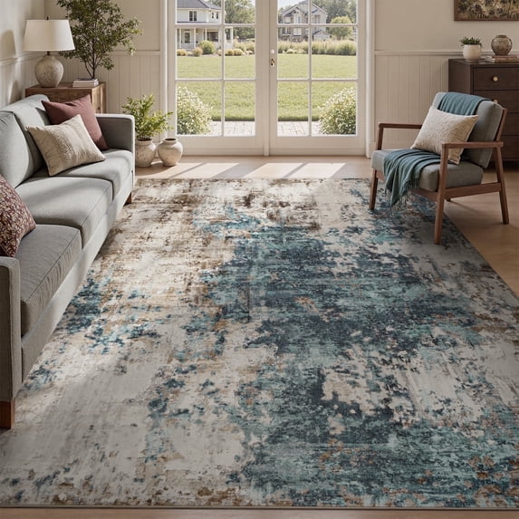 VUNATE 8'x10' Rugs for Living Room Washable Rugs Modern Abstract Distressed Indoor Rug Carpet Soft Fluffy Large Area Rugs for Living Room Bedroom Dining Room Office Foldable Nonslip Rug Teal