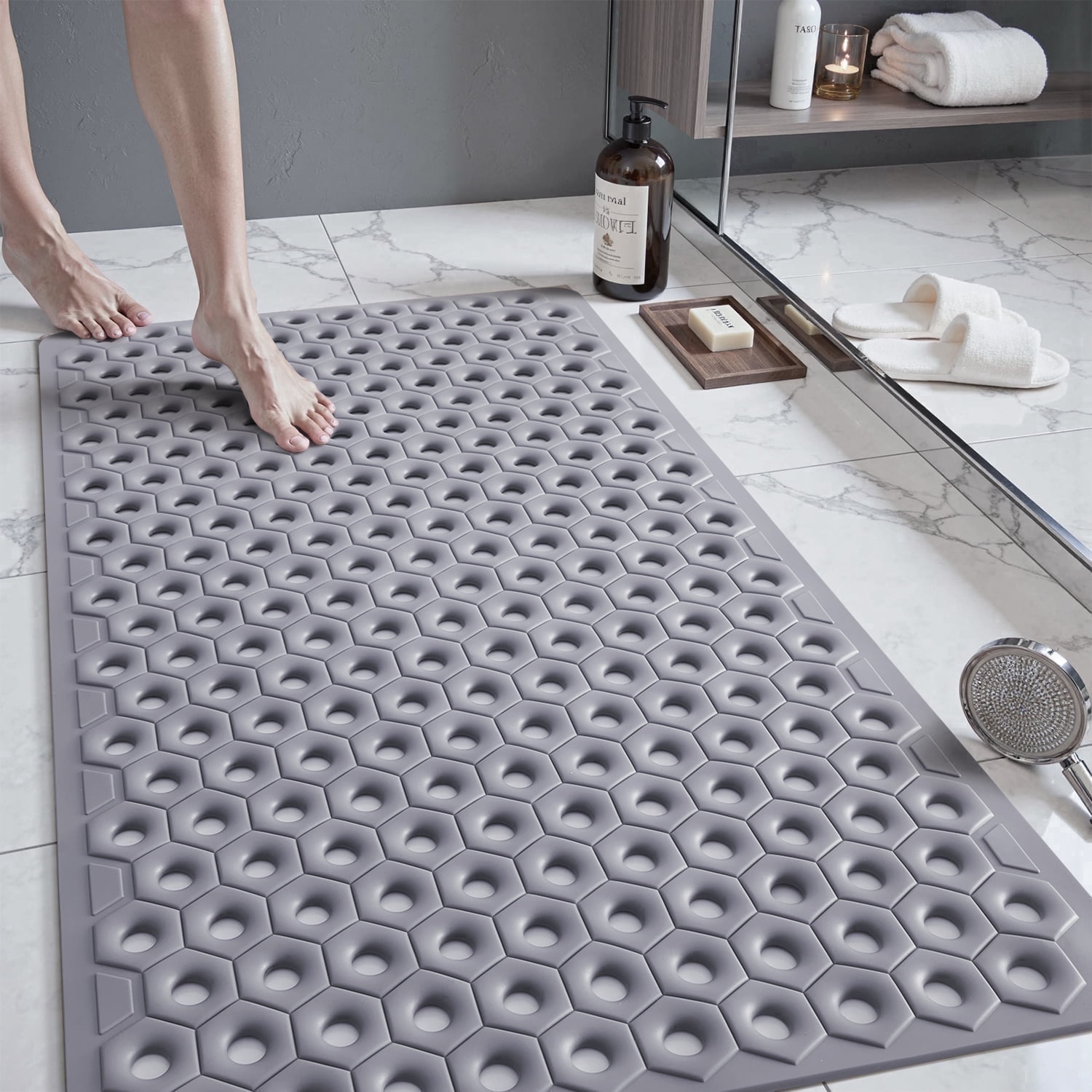VUNATE Shower Mat Non Slip Bath Mat for Tub and Shower Floor Mat Machine Washable Bathtub Mat with Suction Cups and Drain Holes Shower Mat for Bathtub 15.5"x27.5" Dark Grey Bathroom Accessories