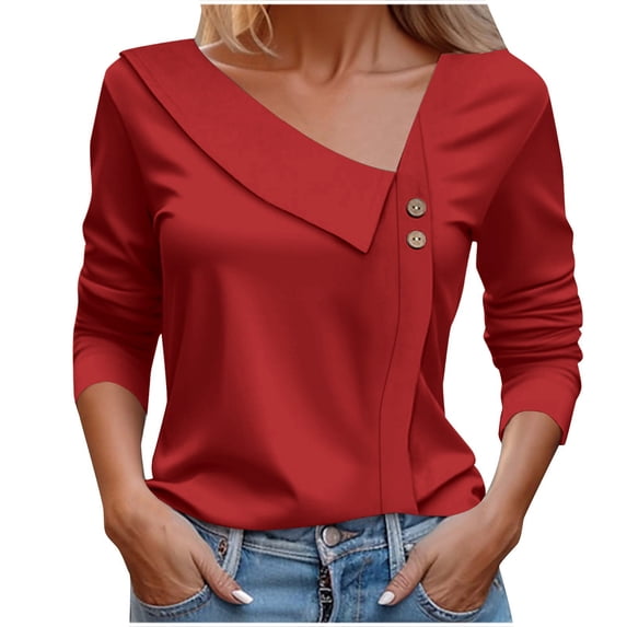 VUPSGEZ Asymmetrical Neck Tops For Women Long Sleeve Button Collared V Neck Blouses 2024 Fashion Work Casual Dressy Shirts (Watermelon Red,L)