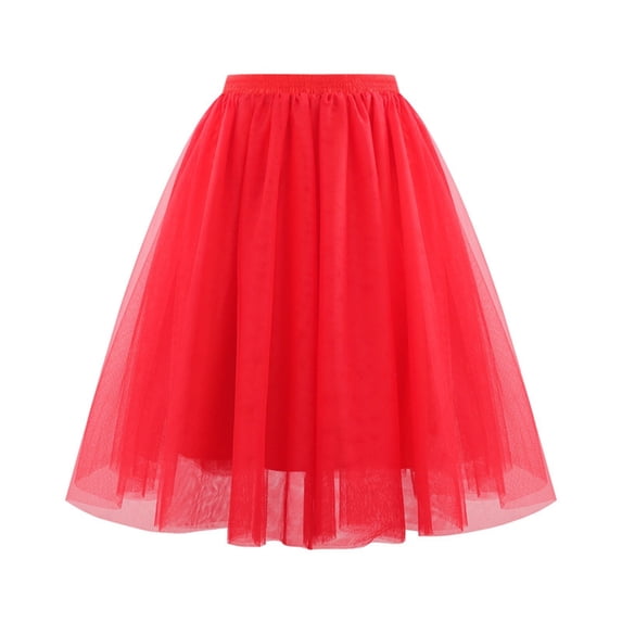 VUPSGEZ Women's High Waist Pleated Mesh Skirt Mid Length Large Size A Line Skirt (Red,M)