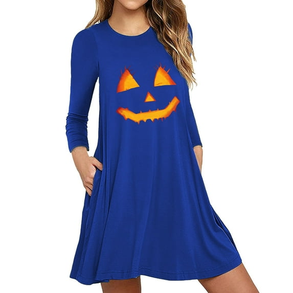 VUPSGEZ Fairy Costume Witch Costume For Women Cat Costume Girls Plus Size Gothic Costume Women'S Festival Pumpkin Face Print Long Sleeve Slim Dress Dress Dresses Sexy Dresses Evening (BU2,XL)