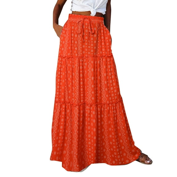 VUPSGEZ Relaxed Long Maxi Skirt Women'S Boho Skirt European And American Loose Casual High Waisted Skirt Juniors’ Knit Maxi Skirt(Red,XXL)