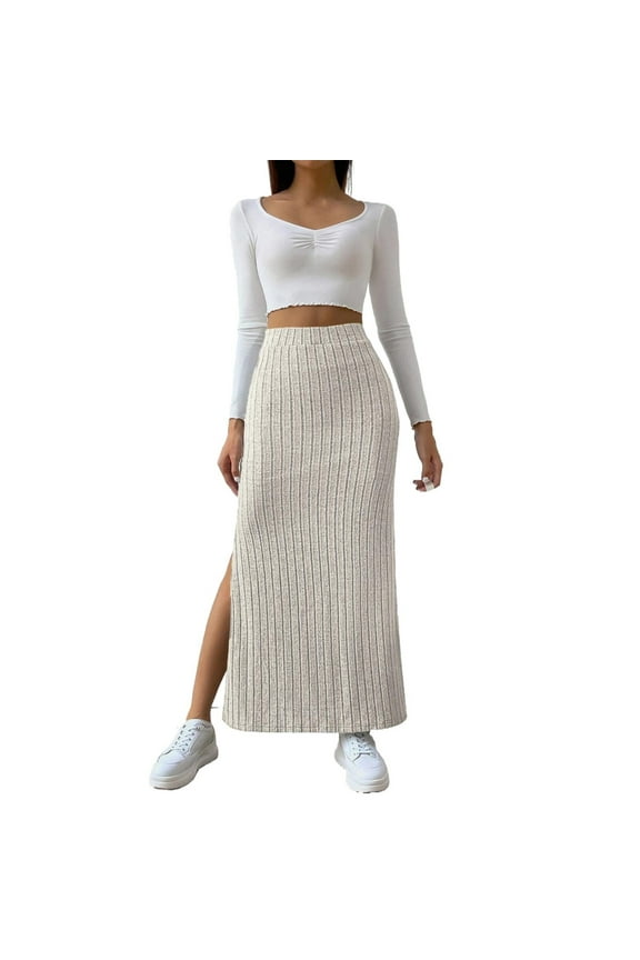 Ribbed Knit Skirt Women's Long Skirts With Slit High Waist Vintage Retro Skirts Casual Skirt Autumn Skirt With Elastic Waistband (Beige,XL)
