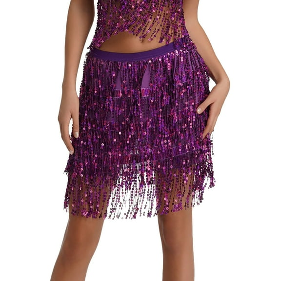 VUPSGEZ Sequin Fringe Women's Nightclub Skirt Skirt Stage With Sparkly Sparkly Costume Fashion Skirt (Purple,M)