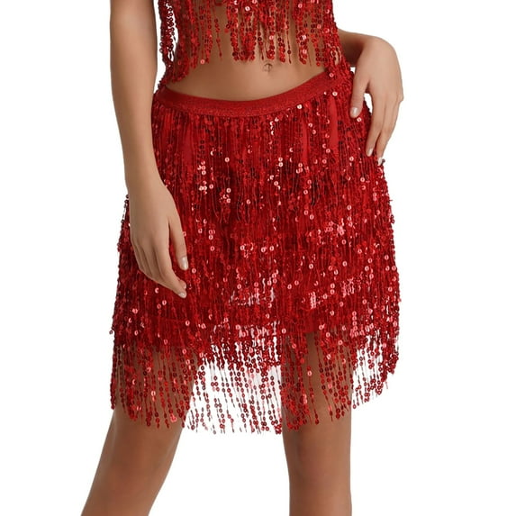 VUPSGEZ Sequin Fringe Women's Nightclub Skirt Skirt Stage With Sparkly Sparkly Costume Fashion Skirt (Red,M)