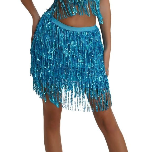 VUPSGEZ Sequin Fringe Women's Nightclub Skirt Skirt Stage With Sparkly Sparkly Costume Fashion Skirt (Sky Blue,M)