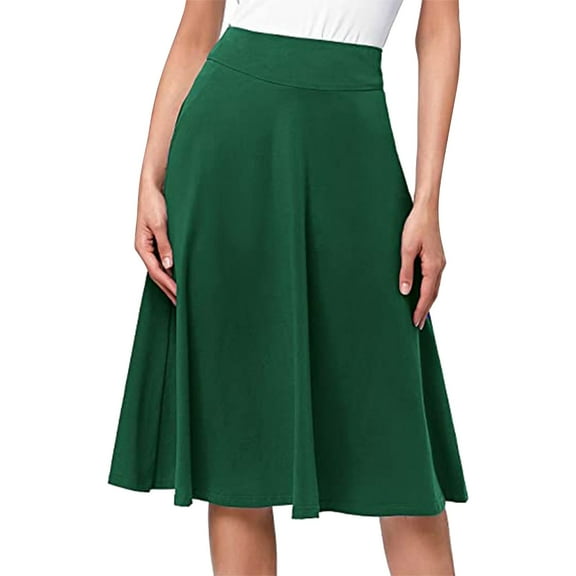 VUPSGEZ Simple Comfy Basic Solid Color Stretch A Line Flared Knee Length Skirt (Green,XXXL)