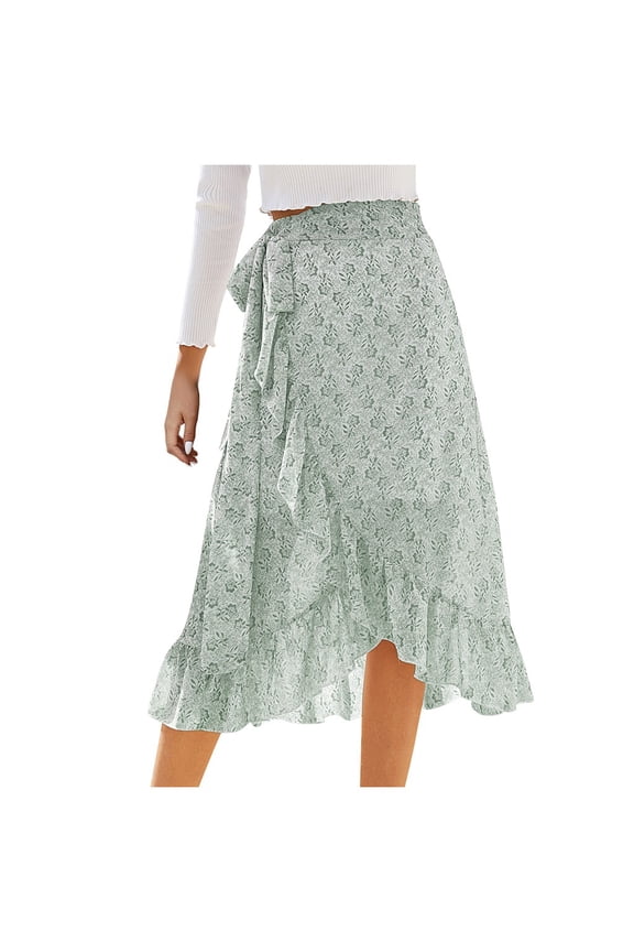Simple Foldover Stretch Flared Knee Length Skirt Fashion Women Floral Chiffon Skirt Summer Lady Leisure High Waist Beach Skirt Women’S Pleated Maxi Skirt(Green,S)