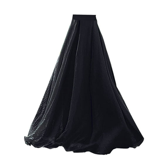 VUPSGEZ Simple Foldover Stretch Flared Knee Length Skirt Women'S Spring/Summer Casual Tulle Solid Color High Waist Lightweight Long Ankle Floor Skirt Women'S Cotton Eyelet Midi Skirt(Black,One Size)