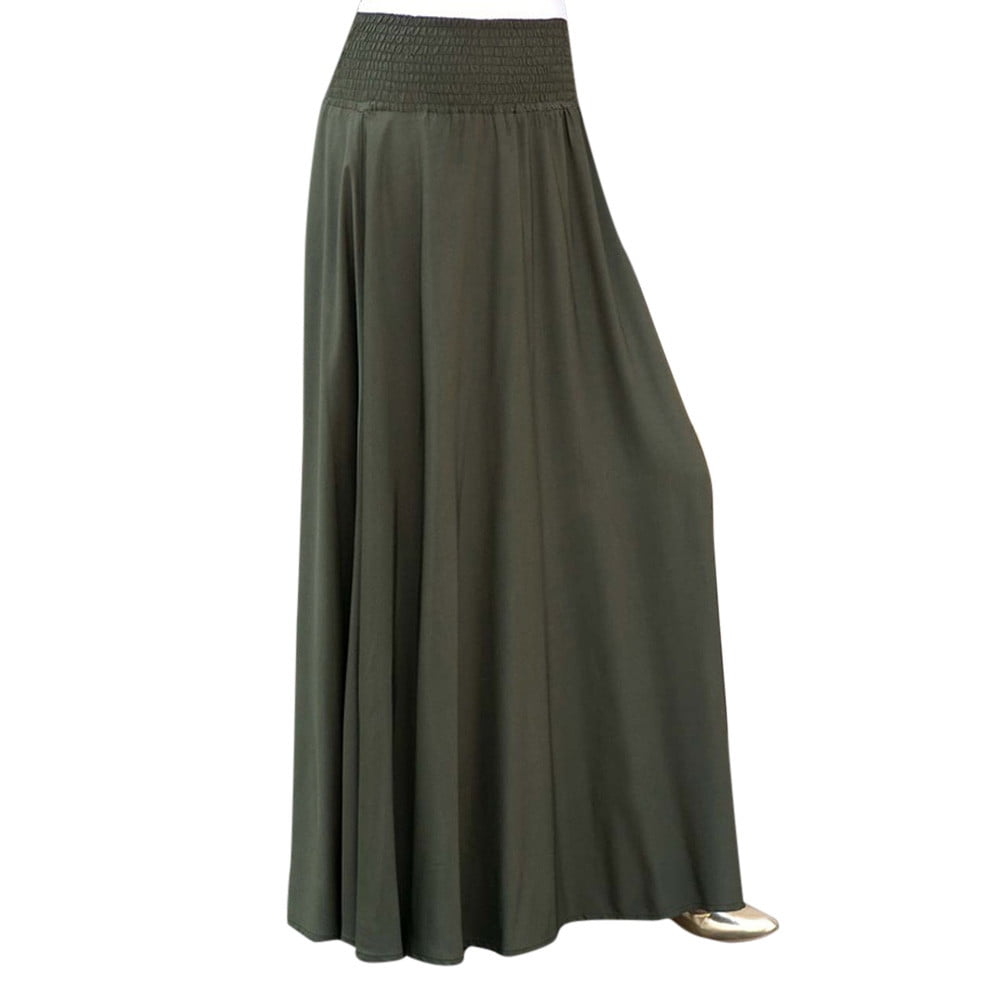 VUPSGEZ Skater Skirt Features Elastic Waist Band Women Fashion Elastic Waist Solid Pleated Skirt Vintage A-Line Loose Long Skirts Juniors’ Knit Maxi Skirt(Green,M)