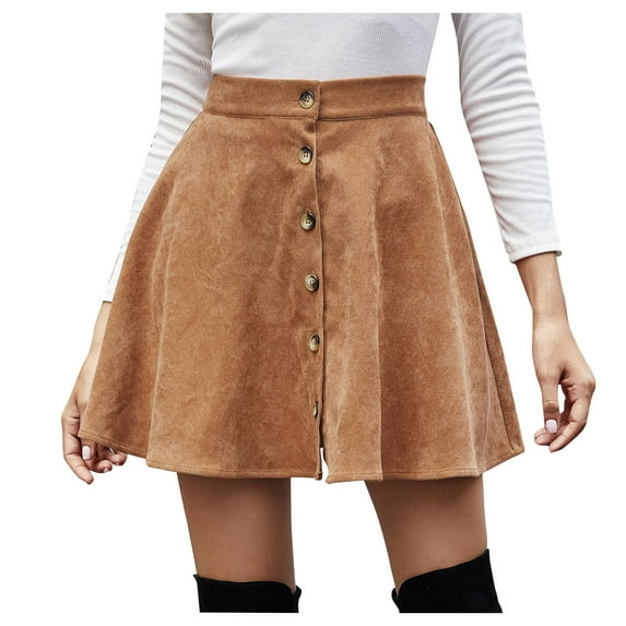 VUPSGEZ Skater Skirt Features Elastic Waist Band Women Lady Solid Color High Waist Corduroy A-Line Skirt Mini Skirt Women’S Pleated Maxi Skirt(Khaki,S)