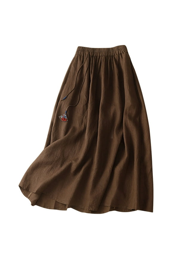 Patriotic short skirt Skater Skirt Features Elastic Waist Band Women's Loose Casual Cotton Skirt A Line Mid Length Half Skirt Linen Long Skirt Women's Cotton Eyelet Midi Skirt(Coffee,L)