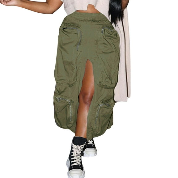VUPSGEZ Streetwear Unique Vintage Casual Baggy Zipper Design Ladies Skirts Casual Midi Skirt Women's Skirts (Green,M)