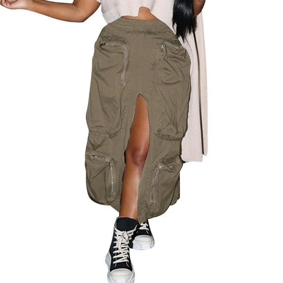 VUPSGEZ Streetwear Unique Vintage Casual Baggy Zipper Design Ladies Skirts Casual Midi Skirt Women's Skirts (Khaki,L)