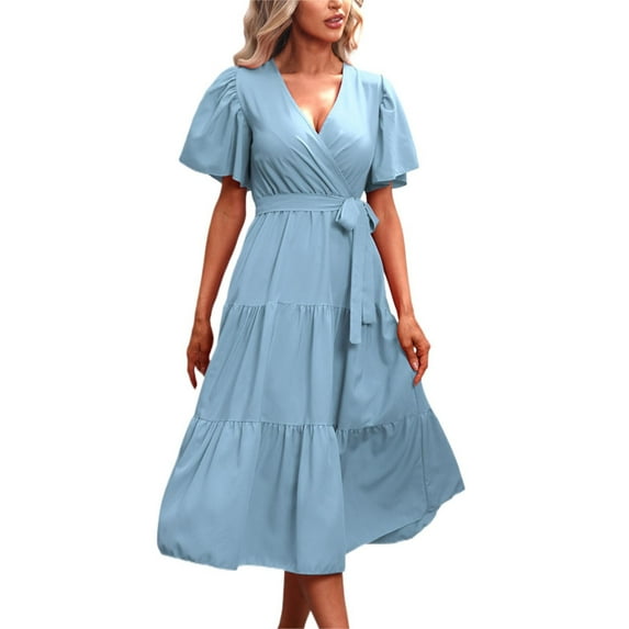 VUPSGEZ Summer Dresses For Women Solid Color V Neck Short Sleeved Loose Dress Summer Women Wrap Summer Dress(BU2,XXL)