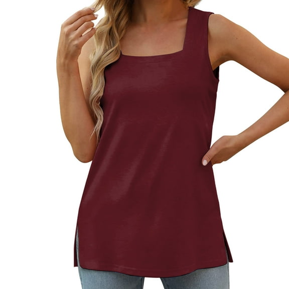 VUPSGEZ Summer Tank Tops For Women Square Neck Loose Fit Casual Fashion Flowy Sleeveless (Wine Red,XL)