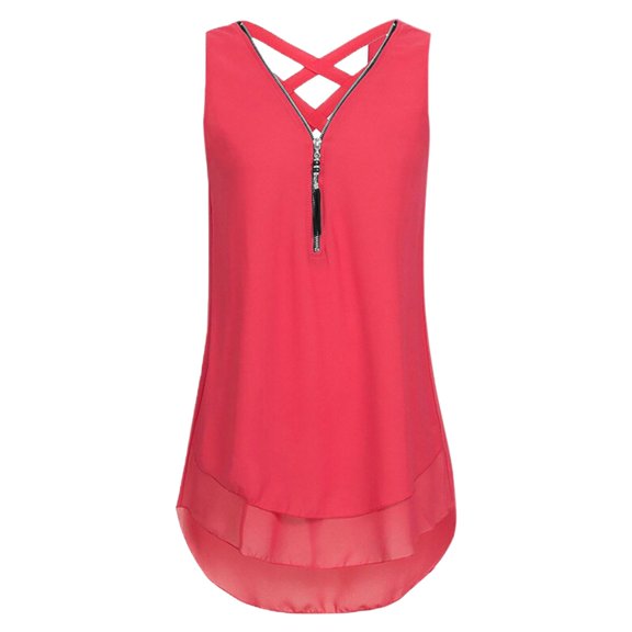 VUPSGEZ Summer Womens Sleeveless Solid Color V Neck Zip Up Chiffon Tank Top T Shirts Casual Back Loose Vest