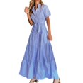 thumbnail image 1 of VUPSGEZ Women Dress Stripe Print Turn Down Collar Short Sleeve High Rise Maxi Dress (Blue,L), 1 of 6