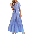 thumbnail image 1 of VUPSGEZ Women Dress Stripe Print Turn Down Collar Short Sleeve High Rise Maxi Dress (Blue,M), 1 of 6