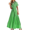 thumbnail image 1 of VUPSGEZ Women Dress Stripe Print Turn Down Collar Short Sleeve High Rise Maxi Dress (Green,M), 1 of 6