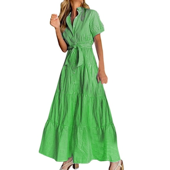VUPSGEZ Women Dress Stripe Print Turn Down Collar Short Sleeve High Rise Maxi Dress (Green,M)