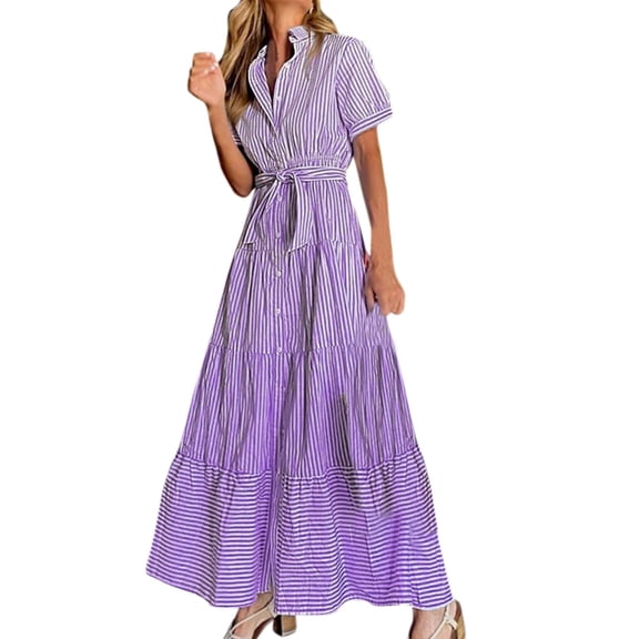 VUPSGEZ Women Dress Stripe Print Turn Down Collar Short Sleeve High Rise Maxi Dress (Purple,XL)
