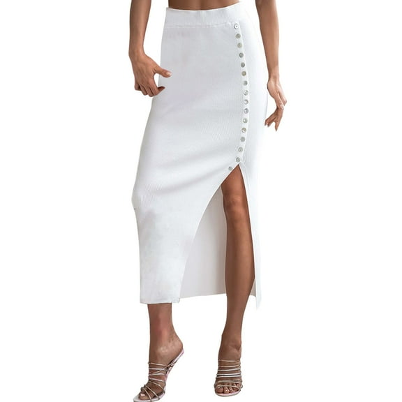 VUPSGEZ Women Elegant Lettuce Trim Solid High Waisted Pencil Midi Skirt (White,L)