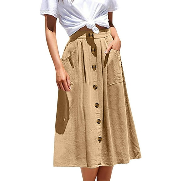 VUPSGEZ Women Long Button Pocket Skirt Solid Color High Waist Fashion Casual A Line Skirt (Khaki,M)