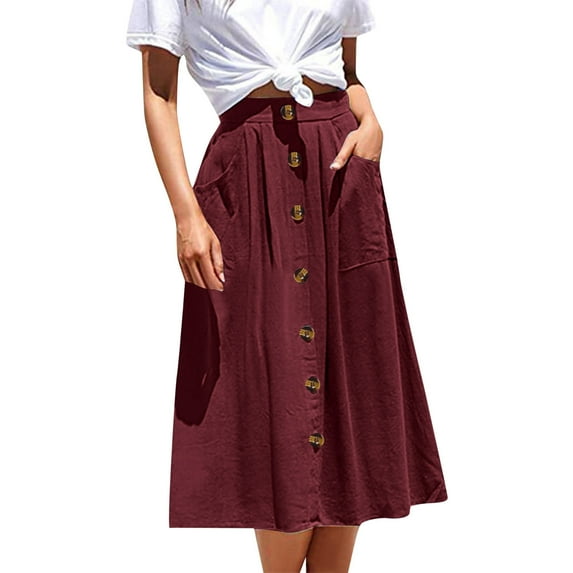 VUPSGEZ Women Long Button Pocket Skirt Solid Color High Waist Fashion Casual A Line Skirt (Wine Red,M)