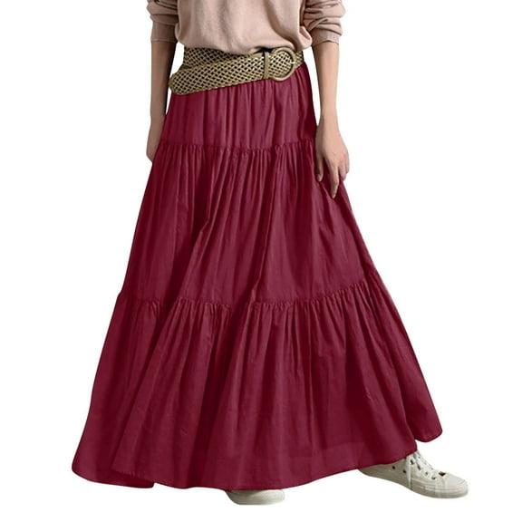 VUPSGEZ Women Long Lightweight Layered Skirt High Waist Pleated A Line Swing Skirt (Wine Red,XL)