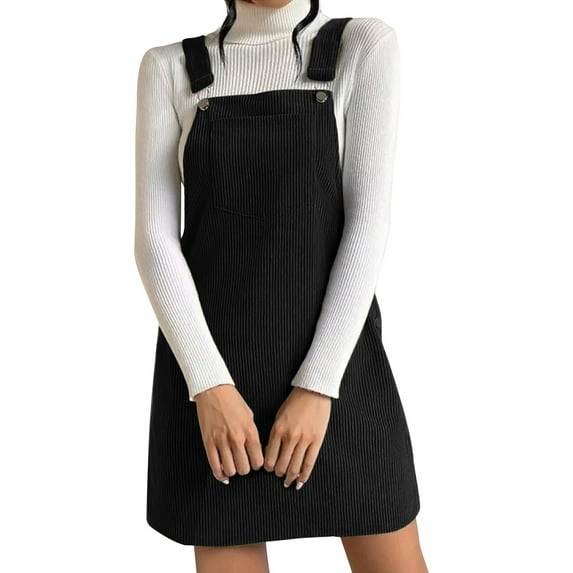 VUPSGEZ Women'S Solid Color Corduroy Loose Sleeveless Suspender A Line Suspender Dress (Black,XL)