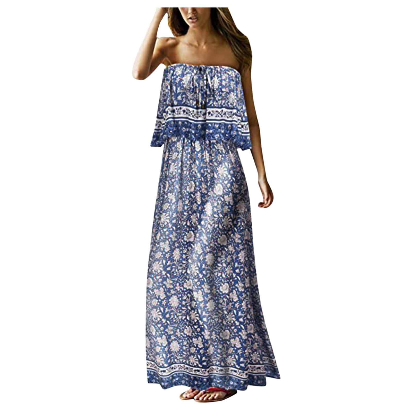 VUPSGEZ Women'S Summer Strapless Long Dress Beach Bohemian Floral Print ...