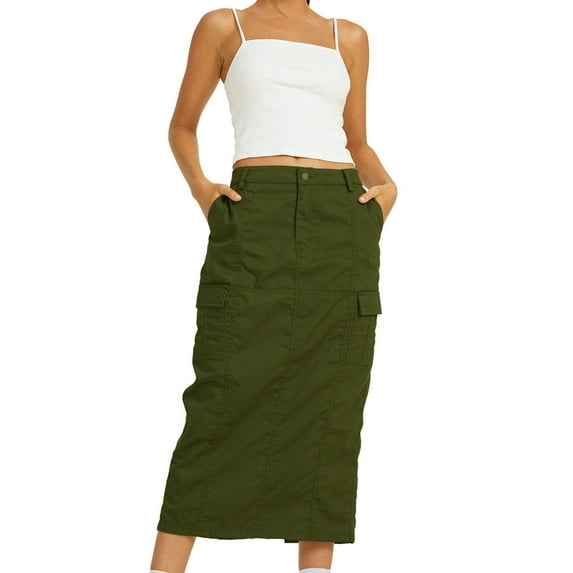 VUPSGEZ Women Solid Casual High Waist Slim Back Split Jean Skirt With Pockets (Army Green,S)