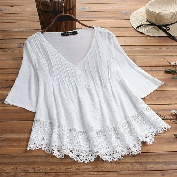 VUPSGEZ Women Vintage Three Quarter Lace V Neck Plus Size Top T Shirt Blouse (White,XXL)