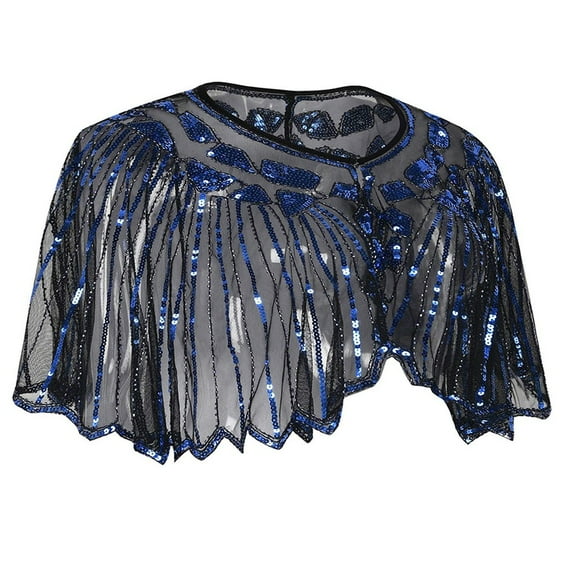 VUPSGEZ Women's 1920S Shawl Beaded Sequin Deco Evening Cape Bolero Flapper Cover Up (Blue,One Size)