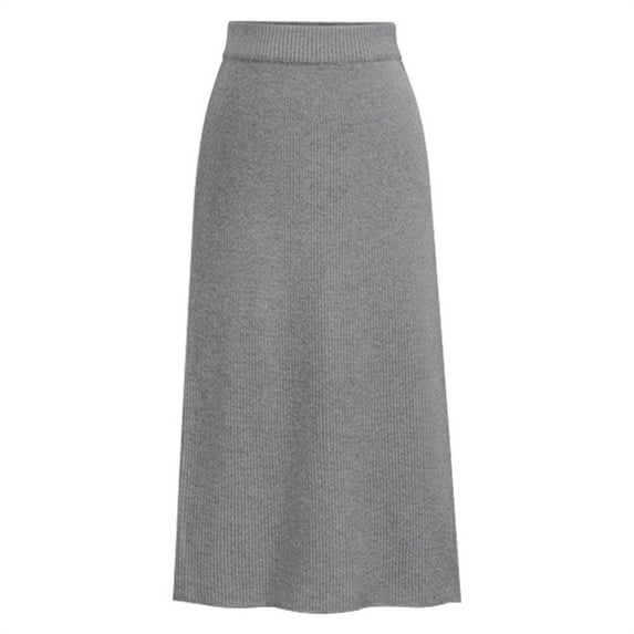 VUPSGEZ Women's Elegant Knitted Woolen Mid-Calf Skirt Solid High Waist Sexy Split Skirt (Gray,XXXXL)
