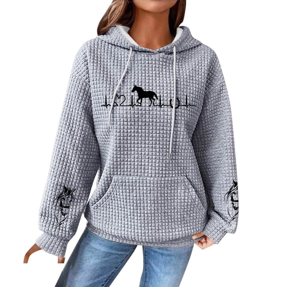 VUPSGEZ Women's Hoodies 2023 Horse Pattern Print Long Sleeve Casual Drawstring Trendy Pullover Tops