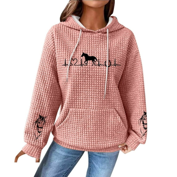 VUPSGEZ Women's Hoodies 2023 Horse Pattern Print Long Sleeve Casual Drawstring Trendy Pullover Tops