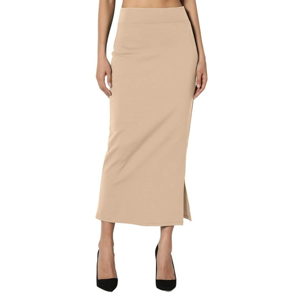 VUPSGEZ Women's S~3X Side Slit Ponte Knit High Waist Mid Calf Long Pencil Skirt (Beige,S)